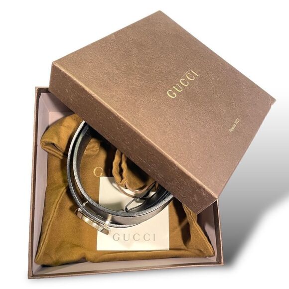 GUCCI Womens Champagne Gold G Buckle Black Leather Belt |Size: 32”| - Picture 3 of 12